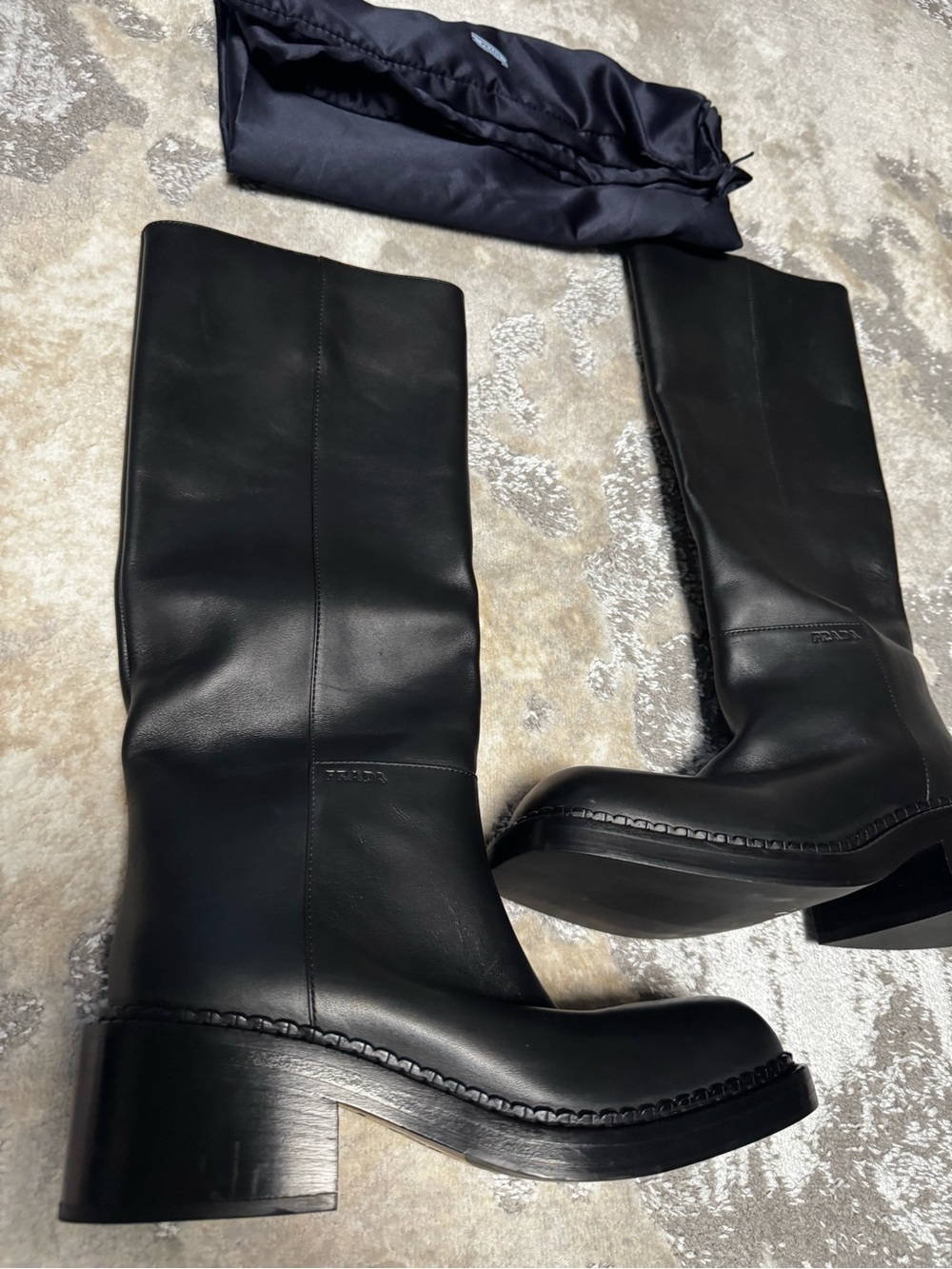 NEW!!! Prada Black Leather Knee-High Block-Heel Boots SZ 9 - Picture 4 of 7